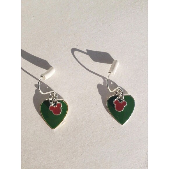 Disney Jewelry - Authentic Disney Dangling Double Heart Shaped Green Red Enamel Pierced Earrings